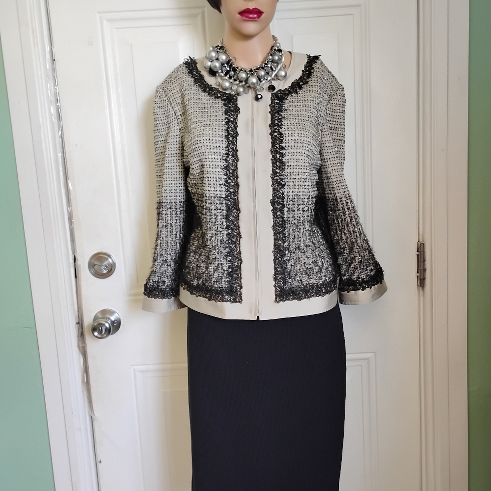 St John Couture Boucle Eyelash Black Silver Silk Metallic Knit Skirt Suit 12 14 - Picture 11 of 13